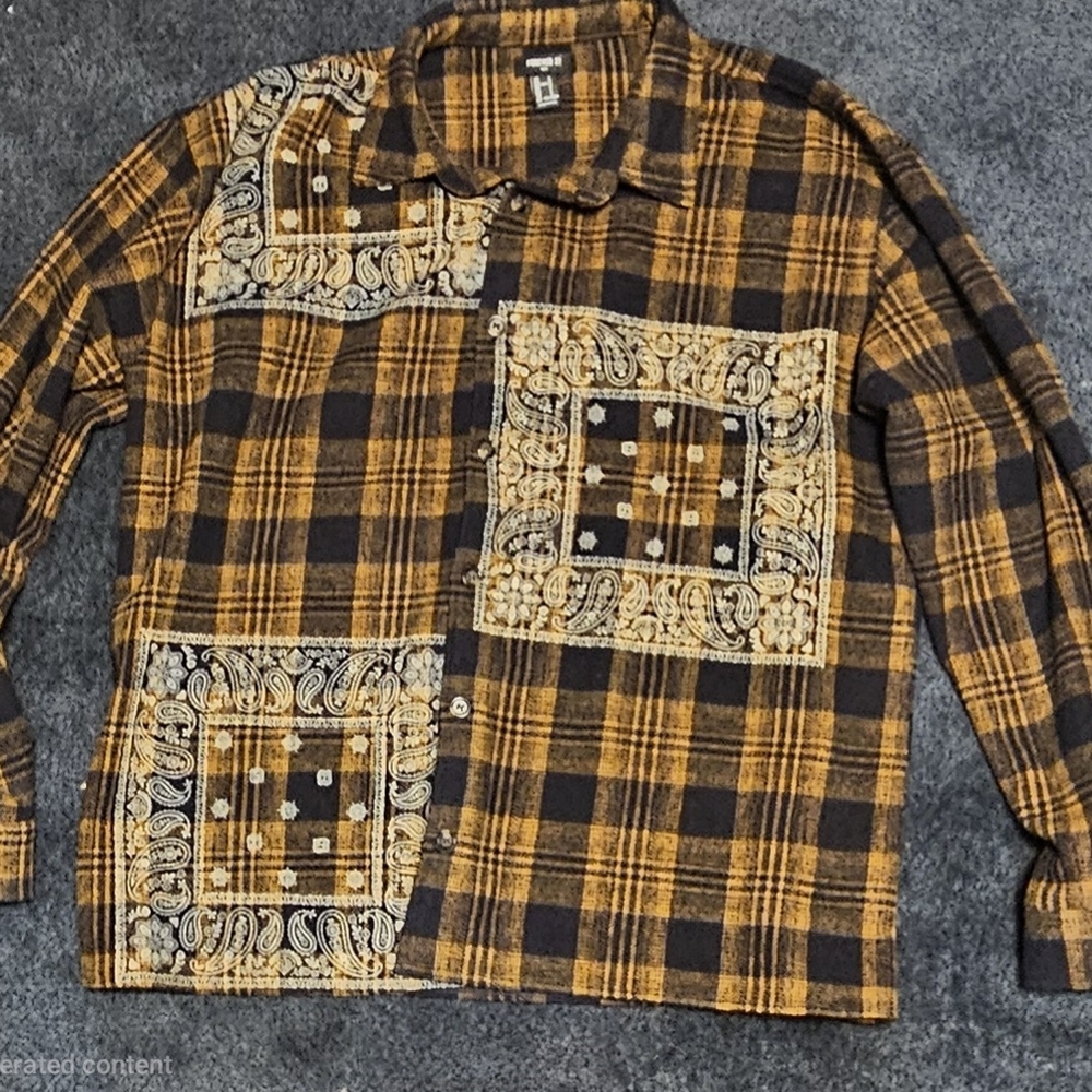 Forever 21 Yellow and Black Plaid Bandana Patch Button-Up Shirt